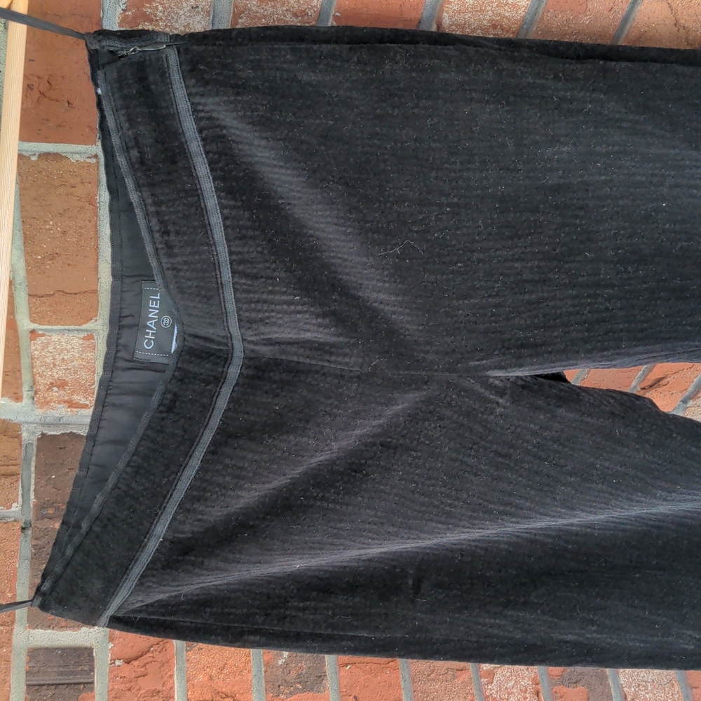 Chanel straight leg trouser. Jet black corduroy. Zipper ankle w cuff.